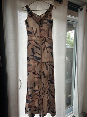 CBR Beige Printed V-Neck Wide-Leg Jumpsuit with Navy and Rust Accents